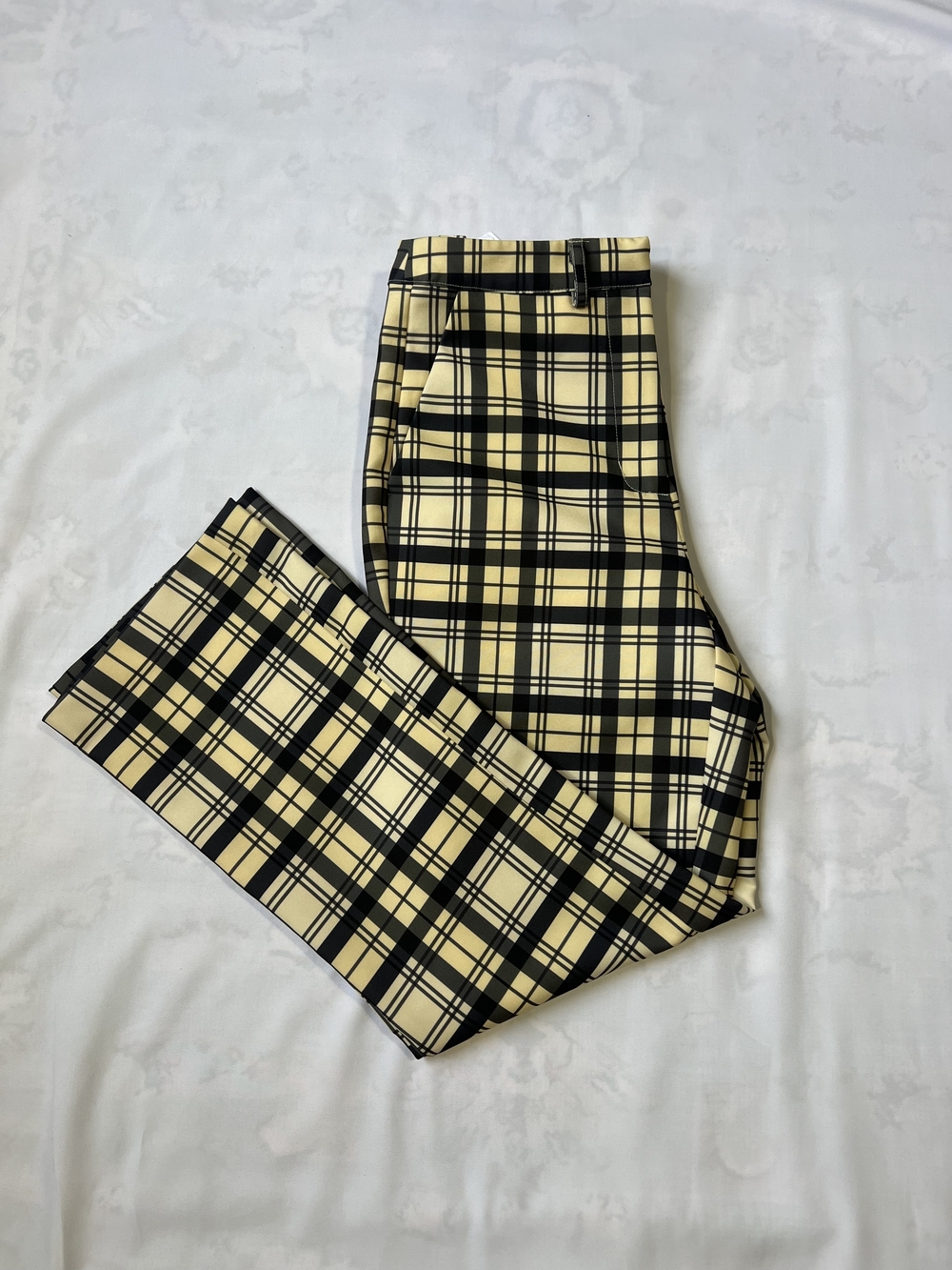 NA-KD Yellow Black Plaid‎ High Waisted Straight Leg Trousers Size 34 US 2